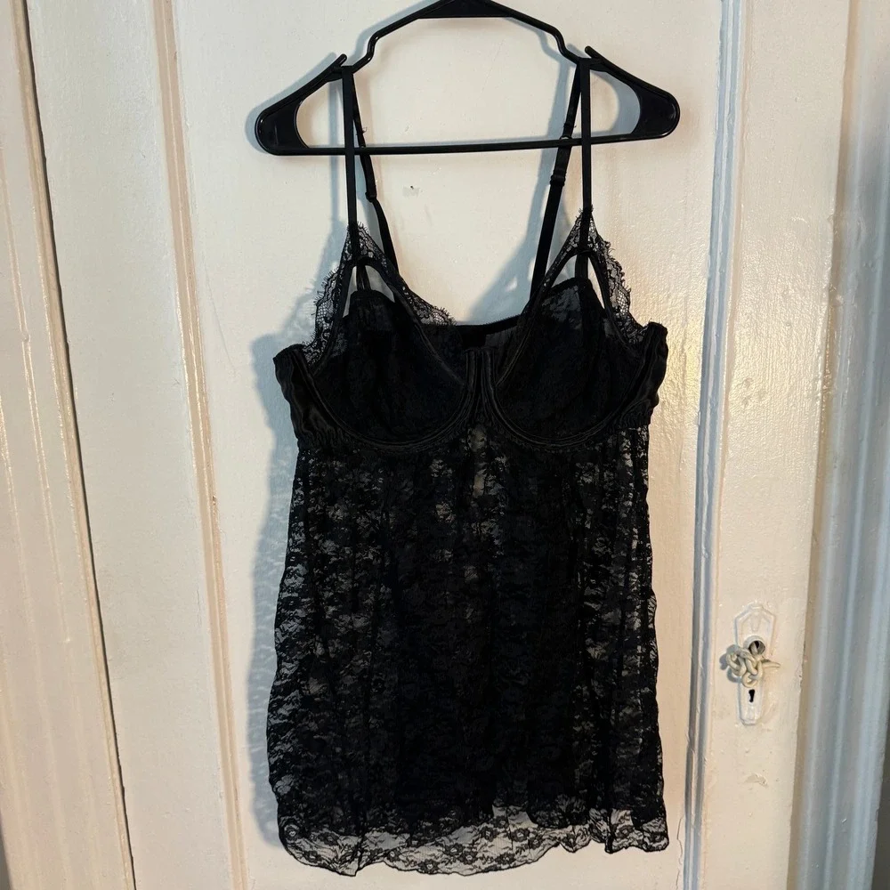 Y2K‎ Black Sheer Mesh Lace Babydoll Cami Lingerie corset vampy Whimsigoth Witchy